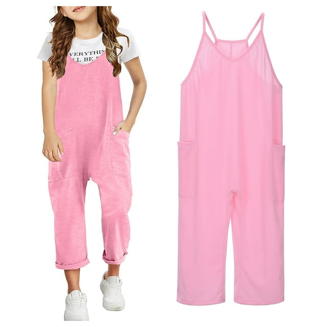 Kids Jumpsuit For Girls Spaghetti Strap Rompers With Pockets Wide Leg Harem Pants Girls Summer Clothes 8-10