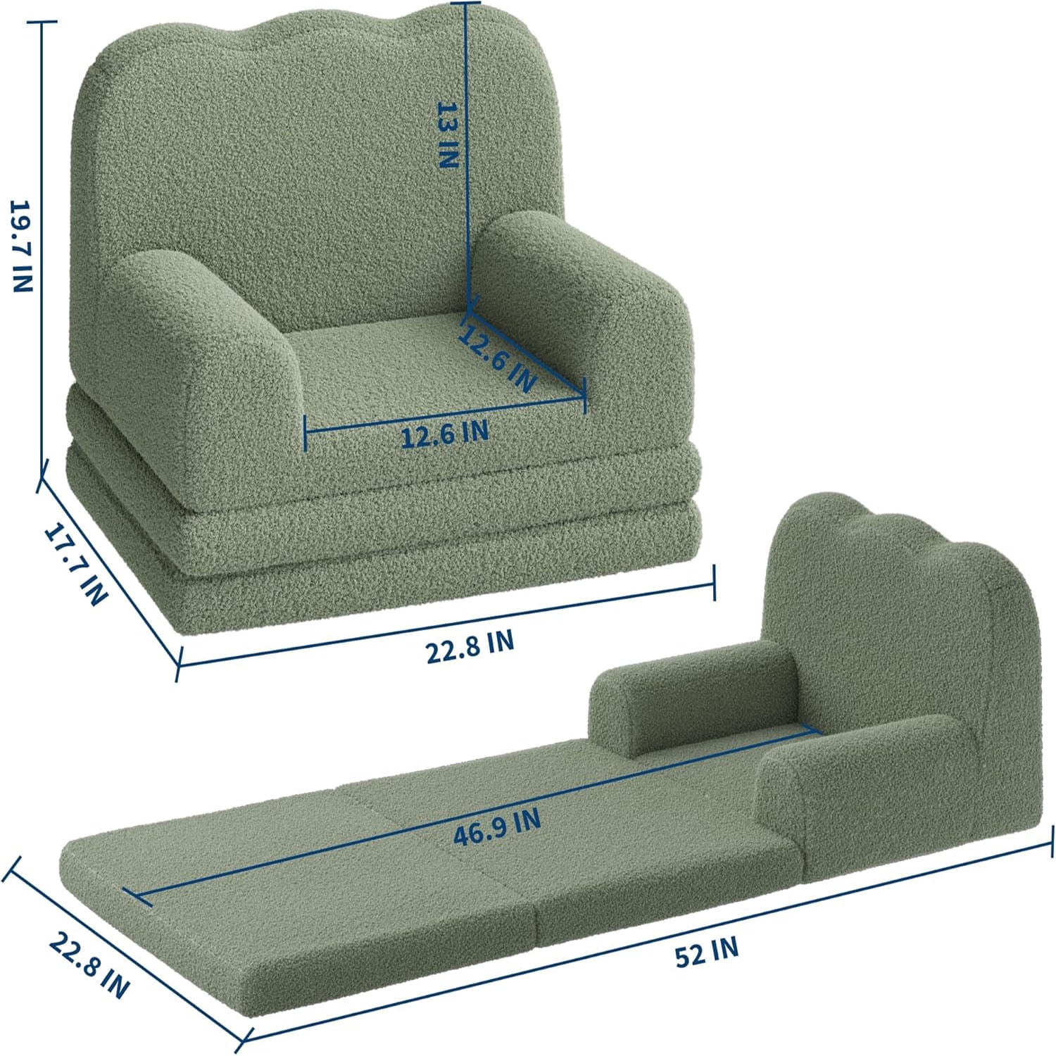 Kids Couch, 2-in-1 Convertible Teddy Fleece Fabric Toddler Sofa Chair, Soft Fold Out Couch Lounger for Kids, Comfy Children's Sofa Bed for Playroom, Nursery, Birthday Gift Comfy Toddler Chair & Lounge