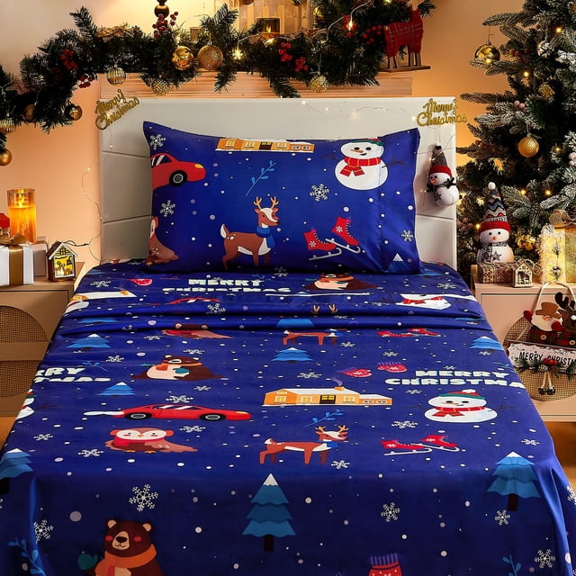 Juego de sábanas BYSURE Twin Kids con muñeco de nieve navideño, color azul marino