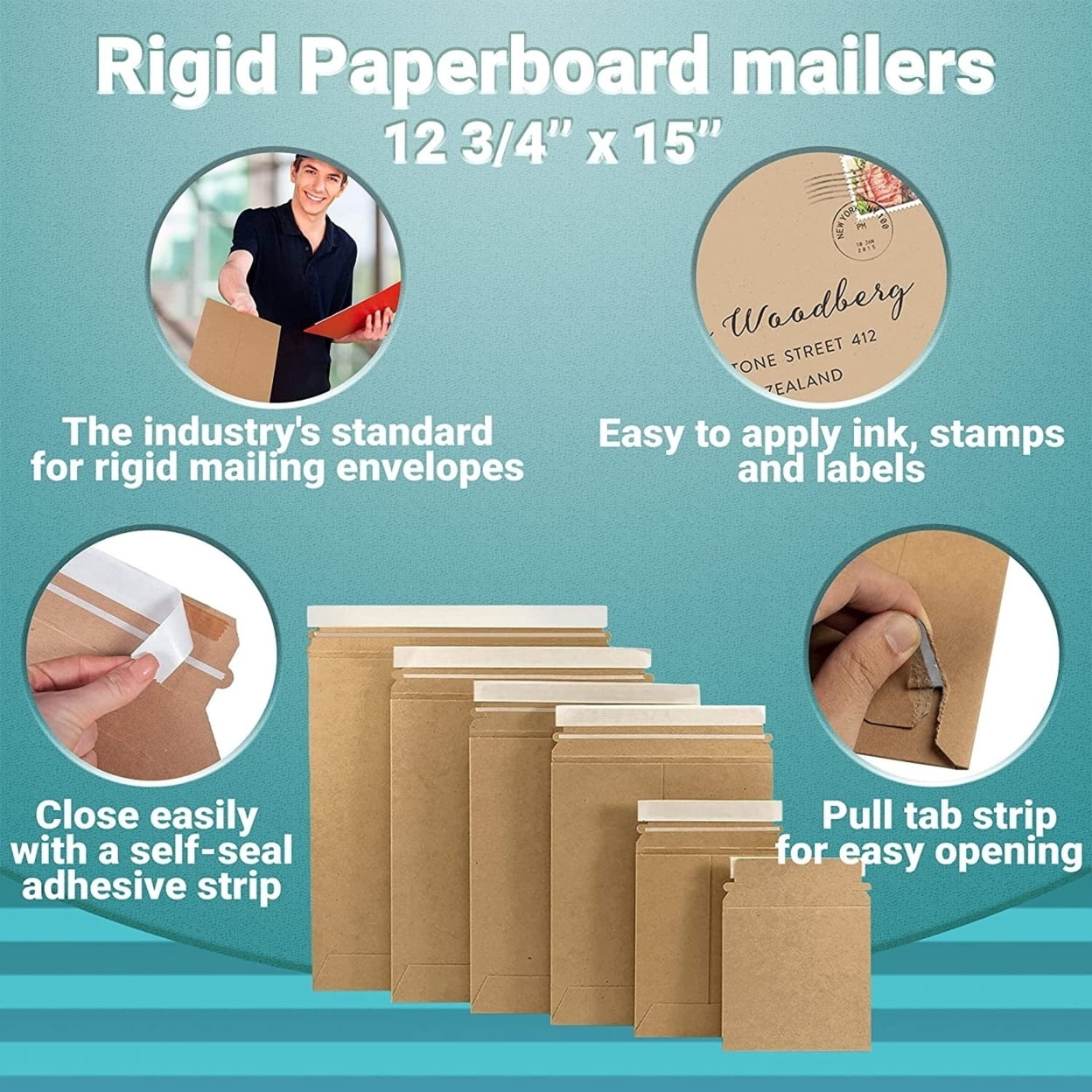 10 Pack Natural Brown Paperboard Rigid Mailers 12.75" x 15" Self-Seal Stay Flat Envelopes /w Pull-Tab Tear Strip