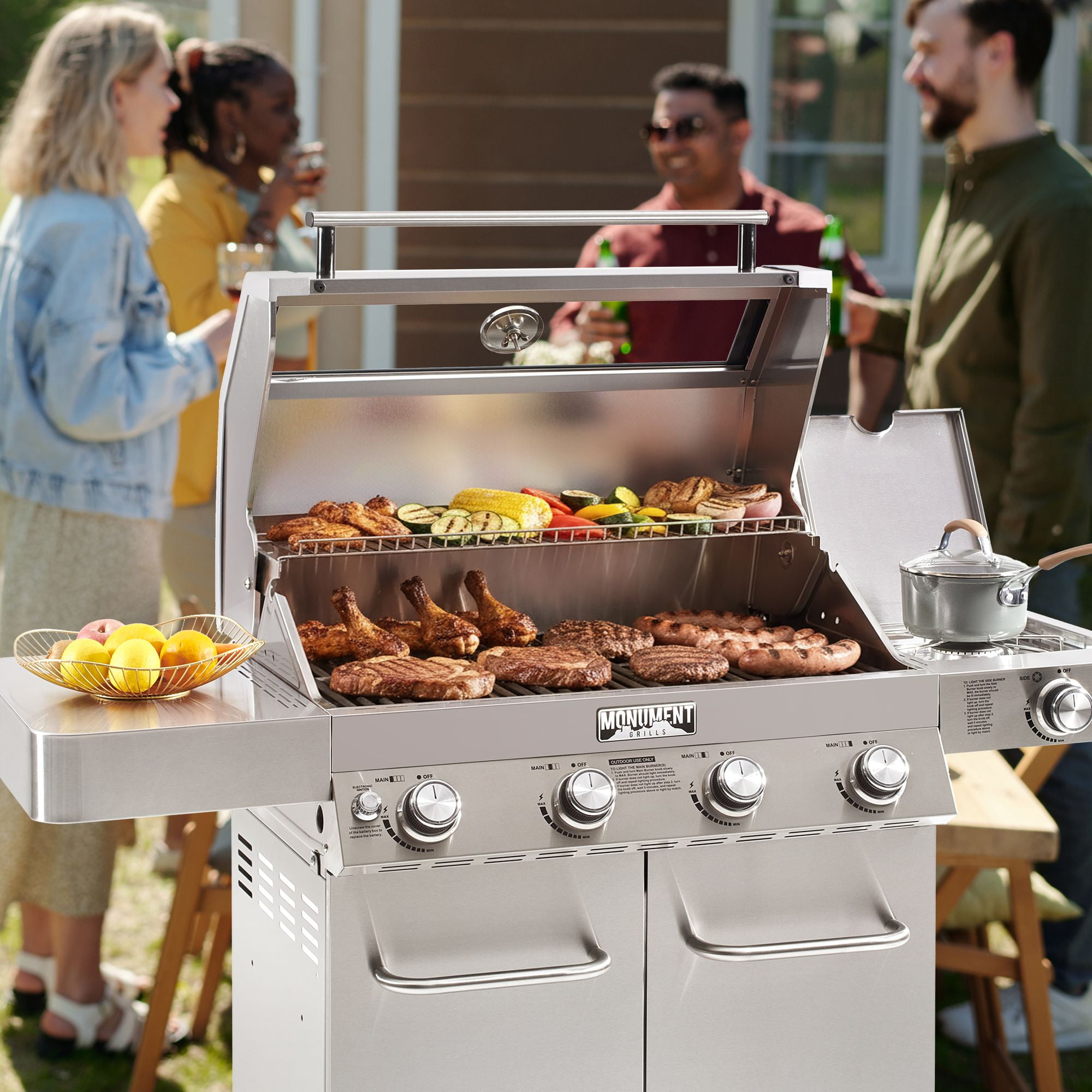 Monument Grills 4-Burner Stainless Steel Propane Gas Cabinet Grill with Clear View Lid, LED Controls, Side Burner
