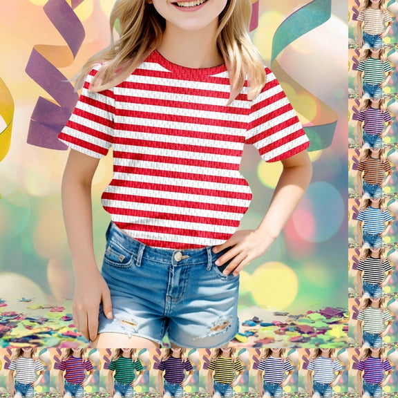 KKBOTIVE Striped Short Sleeve T Shirt for Boys, School Uniform Casual Round Neck Shirt Kids Back to School Tops Z01 Dark Blue 11-12Y