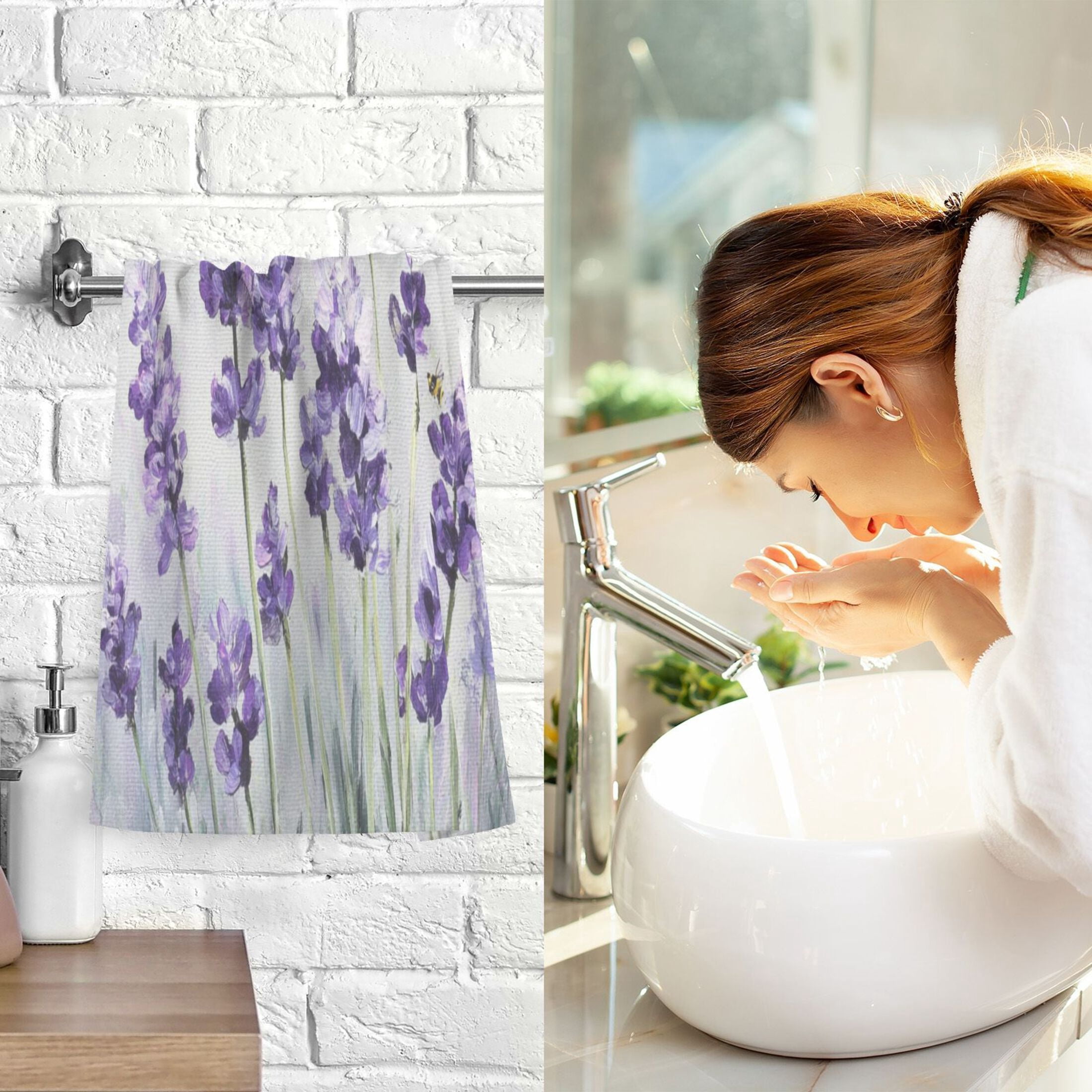 2 Pieces of Cotton Towel Face Towel Set Hand Towel Bath Towel Cotton Bath Towel Sets Lavender Field Watercolor
