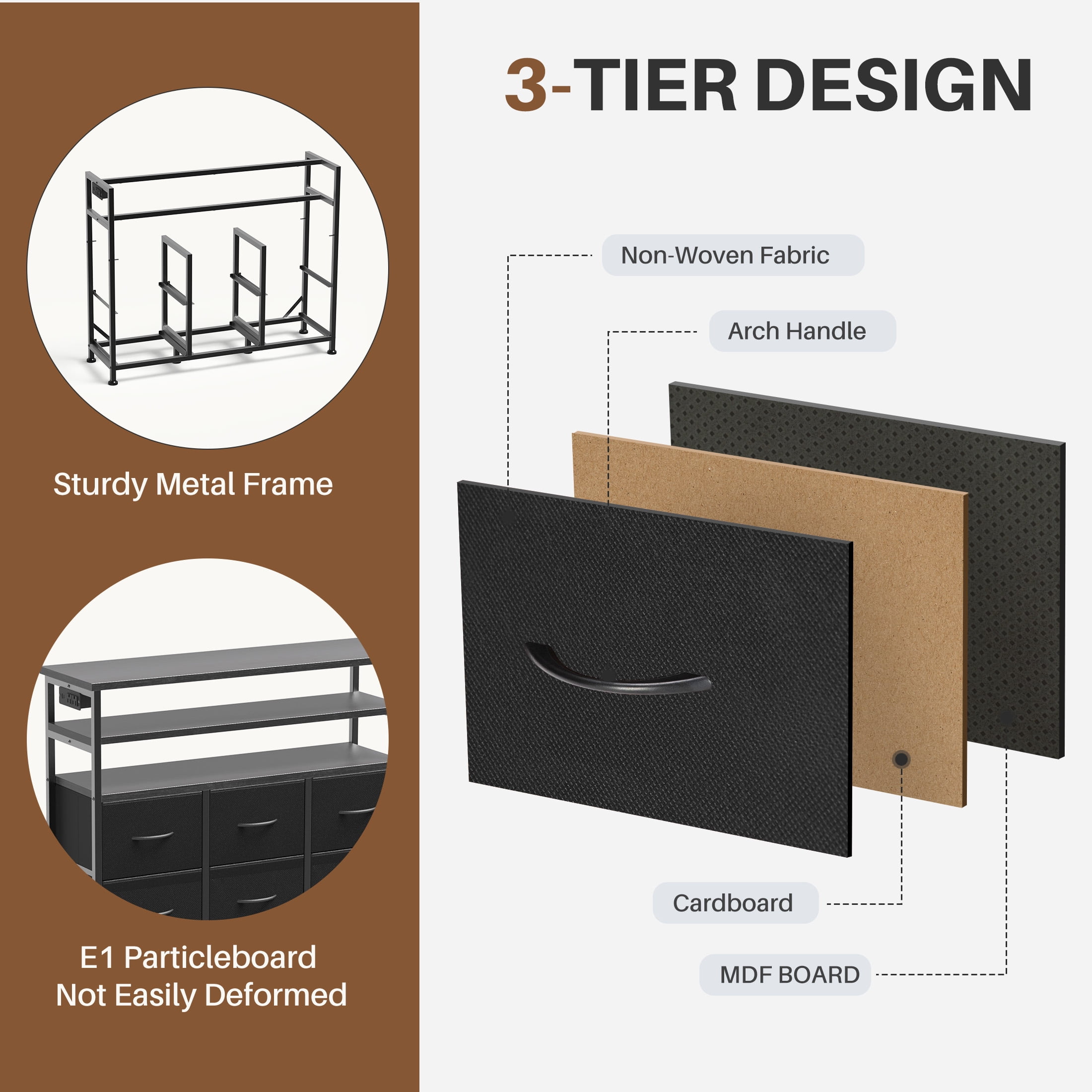 EDX 6-Drawer Fabric Dresser with Power Outlets and LED Light, TV stand for Bedroom, Living Room, Hallway, Black