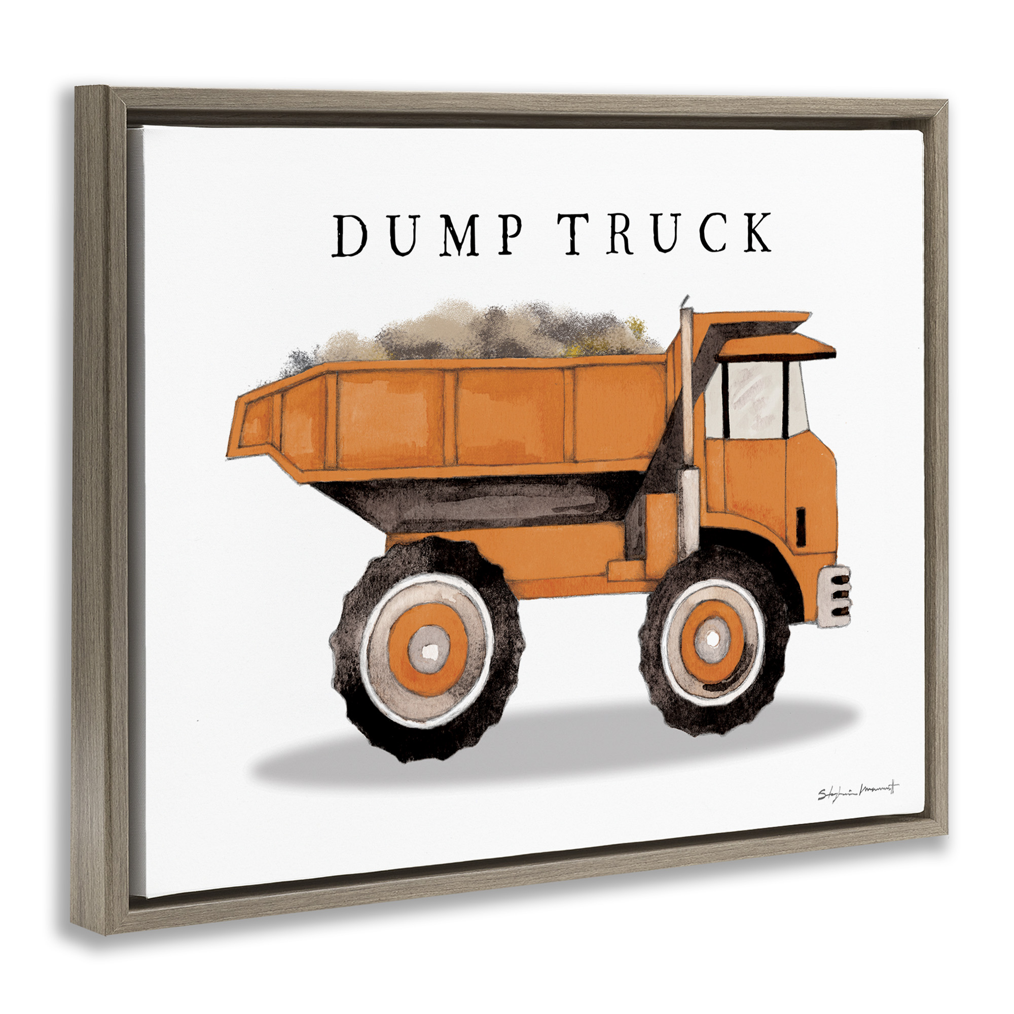 Stupell Industries Orange Dump Truck Construction Art for Kids Painting Brown Floater Framed Canvas Art Print Wall Art, 31 x 25