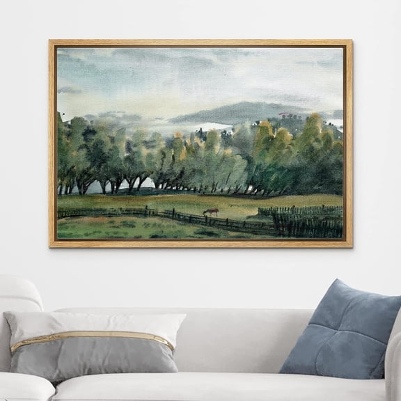 IDEA4WALL Framed Canvas Art Wall Decor Forest Clearing in Green Valley in Neutral Tones Home Wall Decorations Minimalist Illustrations Digital Art for Dorm Home Office - 16"x24" Natural