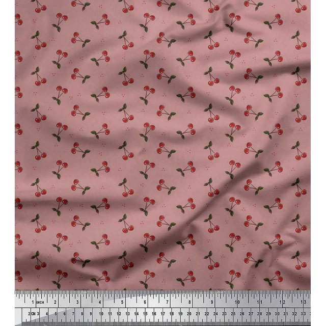Soimoi Polyester Crepe Fabric Dot,Leaves & Cherry Fruits Print Fabric by Yard 42 Inch Wide