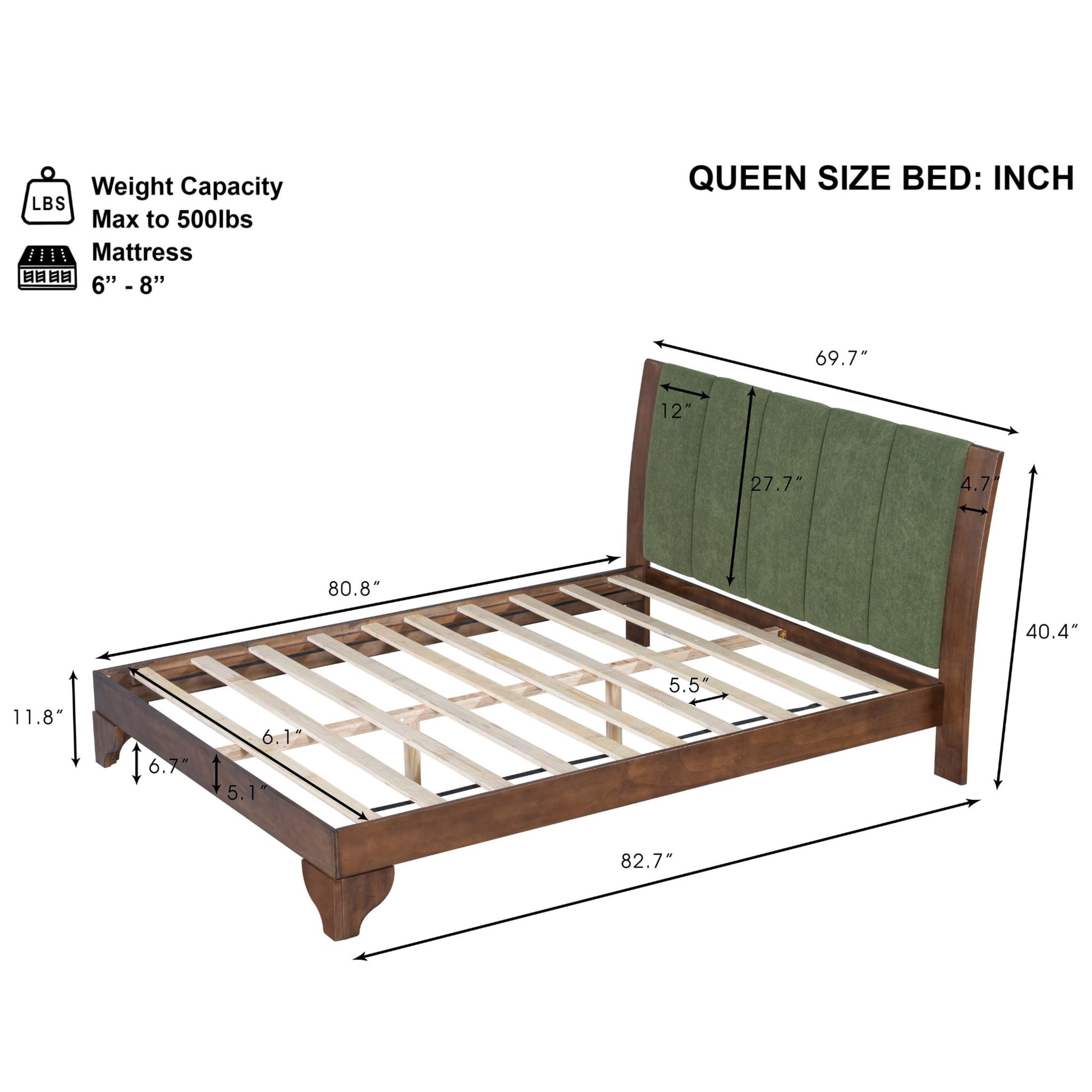 Christopher Knight Home Premium Pine Wood Queen Bed Frame with Headboard, Mid-Century Modern Design, Walnut+Green