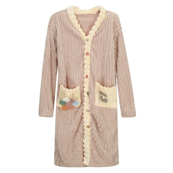 Womens Robe Flannel Warm V Neck With Thick Long Cardigan With Pocket Sleepwear,Pink,One Size