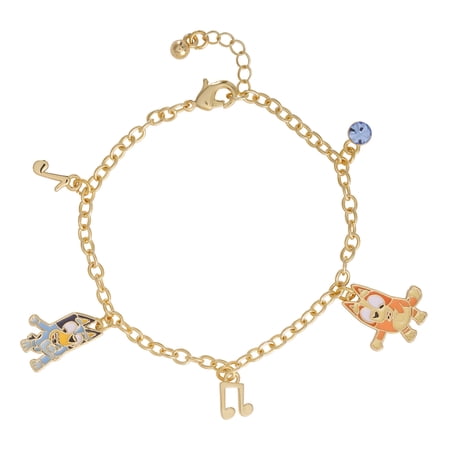 Bluey Bracelet with 5 Charms Official License, 6.75"+.75" 18k Gold Flash-Plated Charm Bracelet