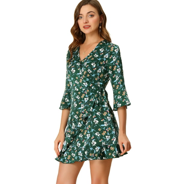 Vestido Floral De Satén Allegra K Con Manga 3/4 Y Volantes Cruzados Para Mujer Verde XL