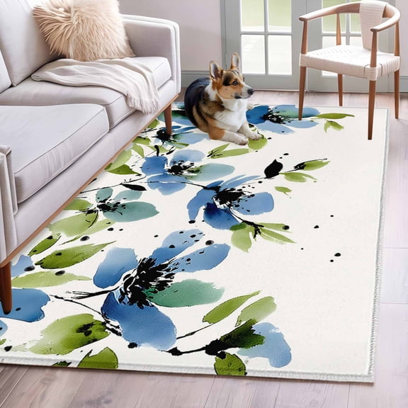Blue Green Spring Floral Area Rugs 3'x5', Washable Small Throw Rugs for Living Room Bedroom, Weeping Botanical Summer Indoor Outdoor Rug Non-Slip Low Pile Carpet Runner Reversible Floor Mats