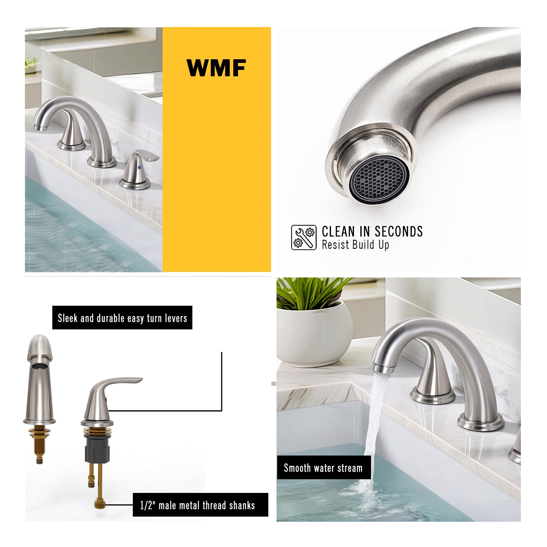 WMF Stainless Steel Silver 8 Inch Widespread 2 Handle High Arc Bathroom Faucet