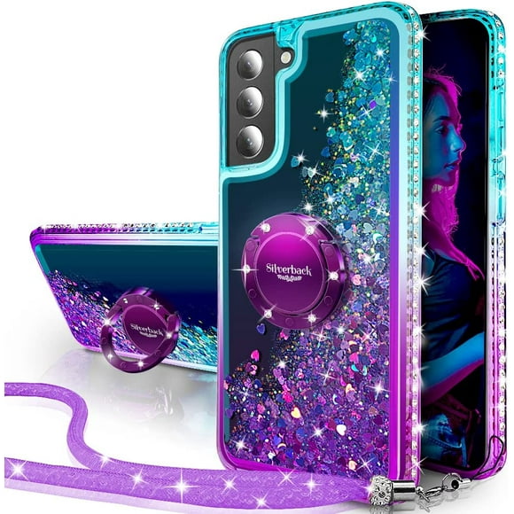 Silverback pour Samsung Galaxy S22 Cas avec Anneau Kickstand Lanière, Mouvante Glitter Liquide Sparkle Holographique, Filles