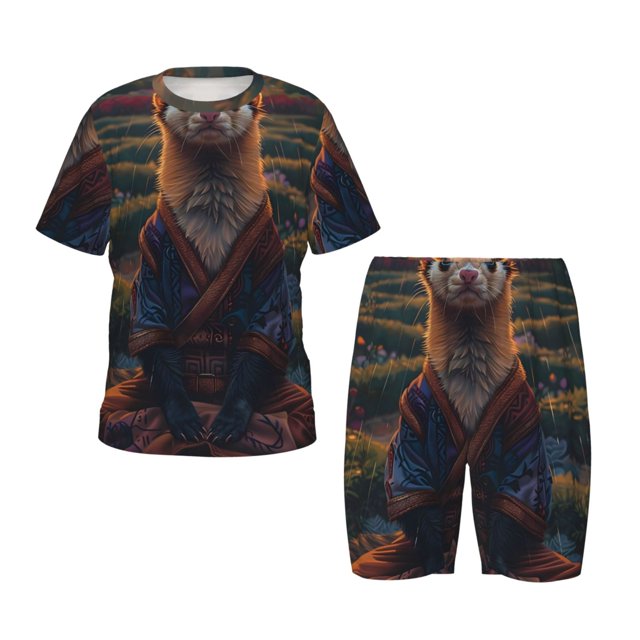 Fotbe Garden Meditating Weasel Pijama Estampada de 2 Piezas para Niños – Ropa de Dormir de Manga Corta Cómoda para Niños y Niñas, Camiseta y Shorts de Algodón-Large