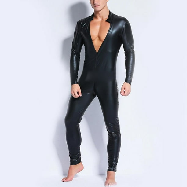 Men Pvc Leather Black Tight Zip Wetlook Bodysuit Jumpsuit Rompers