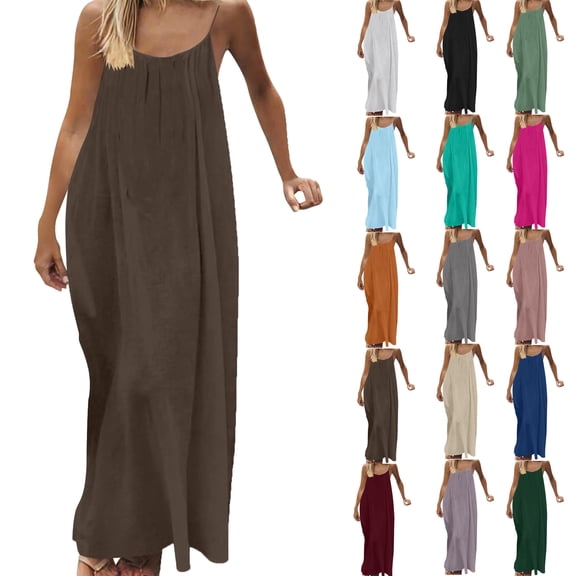 Bmawag Dresses for Women Fashion Plus Size Crew Neck Solid Color Sleeveless Summer Beach Maxi Dress