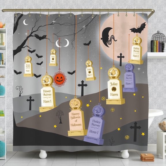 Whimsical Halloween Shower Curtain - Spooky Graveyard Scene with Pastel Colors