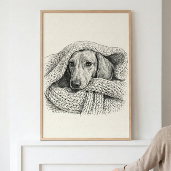 Dachshund Dog Pencil Sketch Wall Art Wiener Dog Drawing Cozy Doxie Decor, Unframed Paper Poster 8x10in