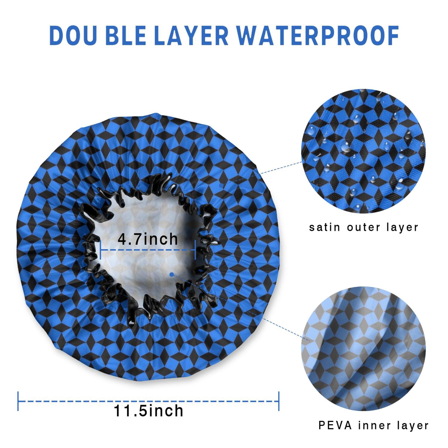 Shower Caps,Blue Black Geometric Pattern Waterproof Shower Cap for Women 4 Pieces,Double Reusable Hair Cover for Shower PEVA Elastic Stretch Hem