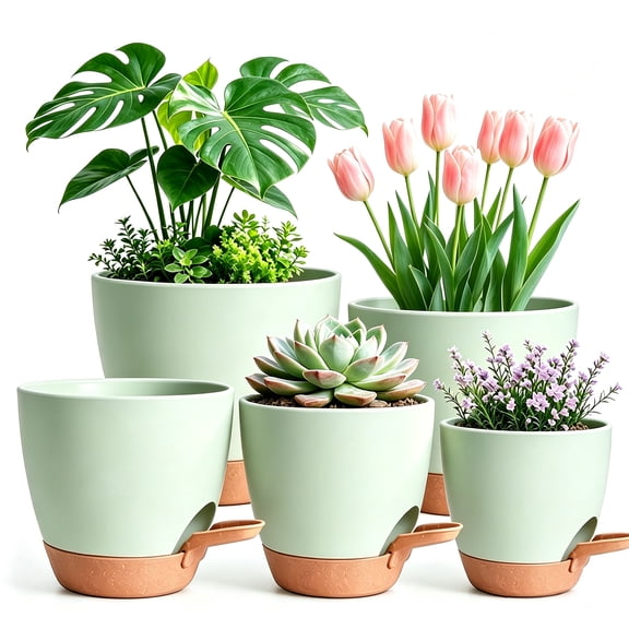 Plant Pots Indoor 7, 6.5, 6, 5.5, 5 Inches, Green,5 Pots Self Watering Planters for Indoor Plants with Drainage Hole, Plastic Flower Pots for Succulents