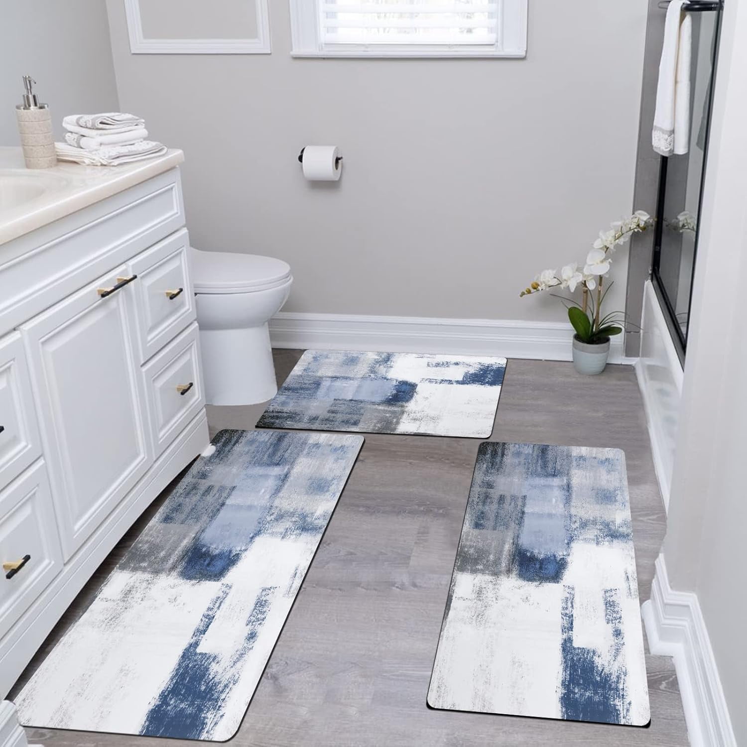 Kitchen Rug Sets 3 Piece with Runner Farmhouse Kitchen Rugs and Mats Non Skid Washable Cushioned Kitchen Area Rug Floor Mat Waterproof Runner Rugs for Hallway Kitchen Laundry Room, Blue