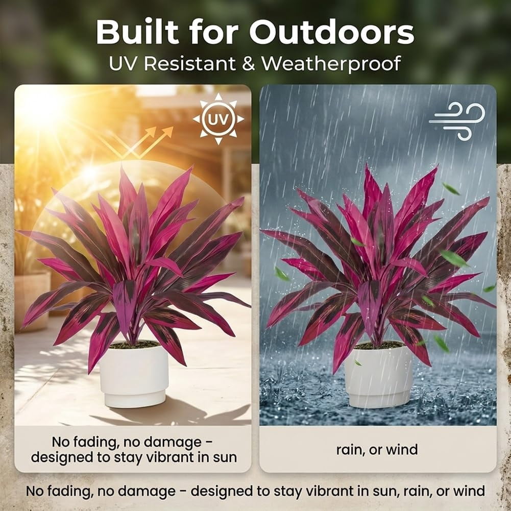 2PCS Large Realistic Artificial Boston Fern & Dragon's Blood Tree Plants with Vibrant Pink/Purple Leaves, UV Resistant Fake Ferns for Outdoors Outside Garden Patio Wedding Balcony(2pcs)