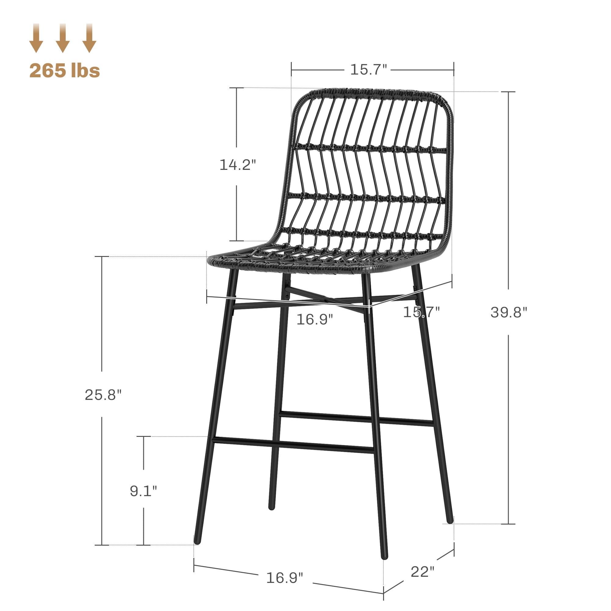 HOMCOM Rattan Counter Height Bar Stools Set of 2, 26" Wicker Barstools with Back, Bar Chairs for Kitchen Island, Kitchen Counter, Dining Room, Black