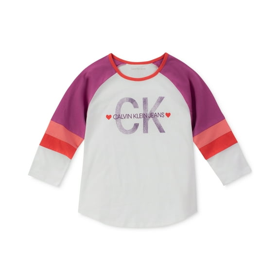 Calvin Klein Big Kid Girls Cotton Colorblocked Raglan T-Shirt,White,L