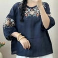 thumbnail image 2 of KALE Cotton And Linen Elbows Up T Shirt for Women Embroidered Tops Floral Tunic Tshirt Tee 3/4 Sleeve V Neck Button Boho Ethnic Y2K Clothes Navy L, 2 of 3