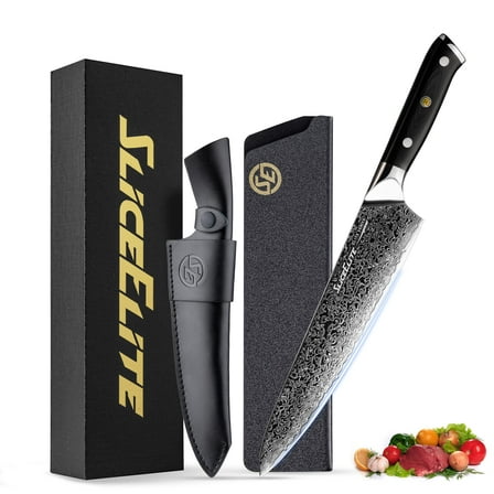 SliceElite Elite Series 8-Inch Damascus Chef Knife – VG10 Steel Blade with Forged Carbon Fiber Handle, Dual Sheaths (Chef Knife (FC Handle))