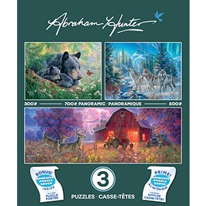 Buffalo Games Abraham Hunter In 1 Multipack Interlocking Jigsaw Puzzle for Adults Ages 14-99 Years featuring three puzzles with North American wildlife scenes: a 300-piece bear puzzle, a 700-piece panoramic wolf puzzle, and a 500-piece deer puzzle with a red barn, including a bonus poster and adhesive puzzle saver sheets.
