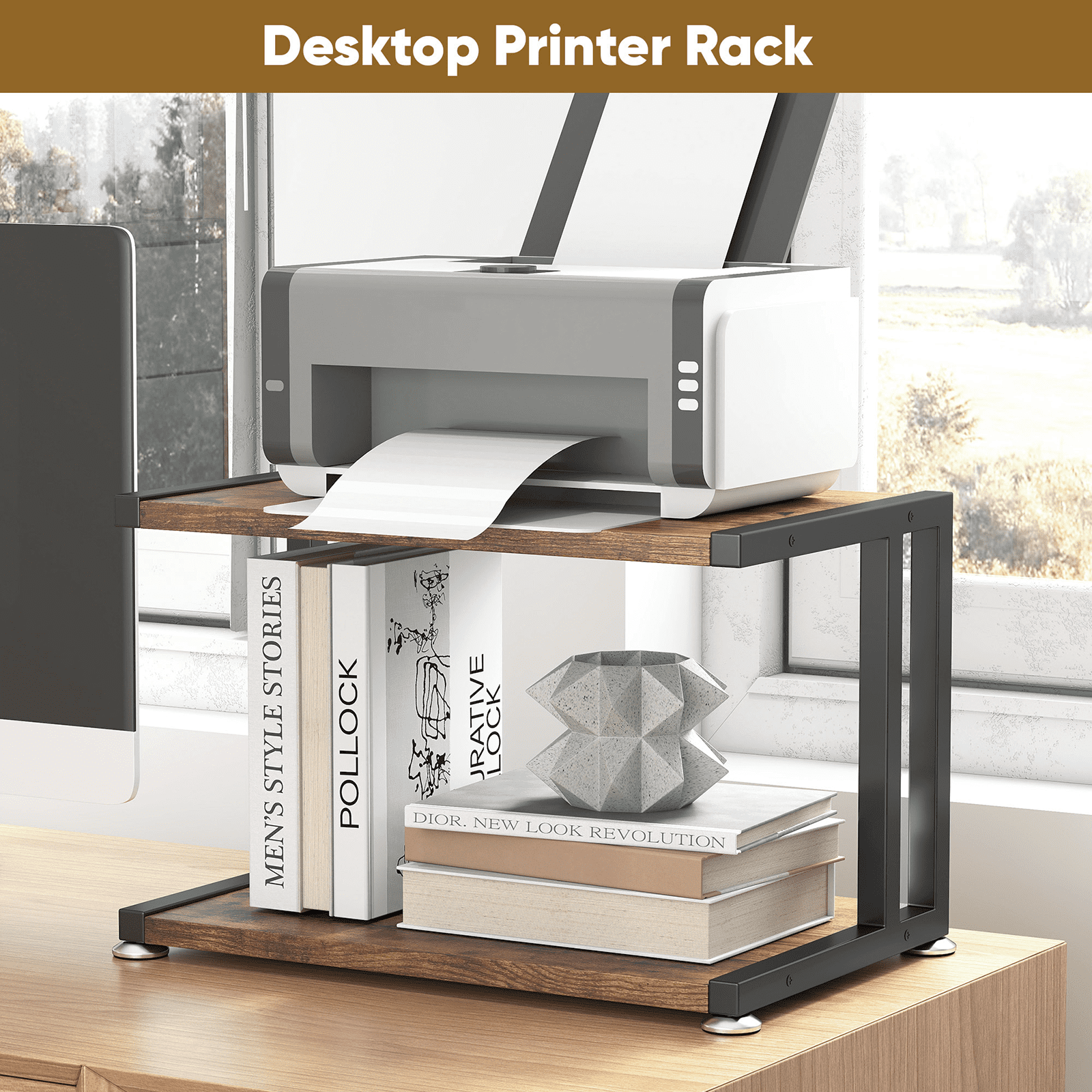 Petoto Printer Stand, 2 Tier Rolling Printer Table with Locking Wheels, Printer Cart for Under Desk, Home, Office, Rustic Brown
