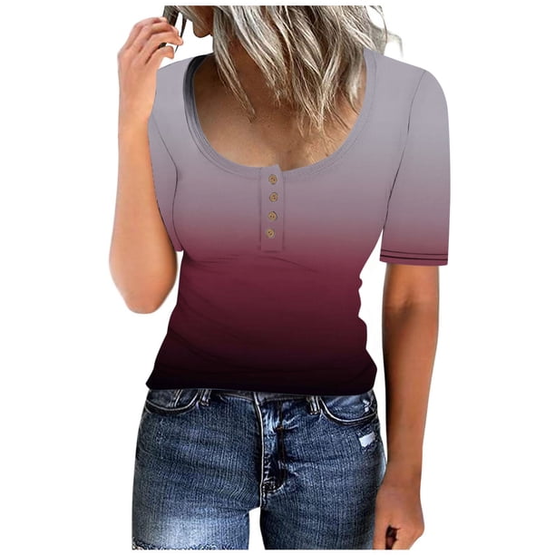 Blusas de Manga Corta para las Mujeres Cuello Redondo Botón Arriba Camiseta Suelta, Top de Algodón de Imitación Casual para Diario