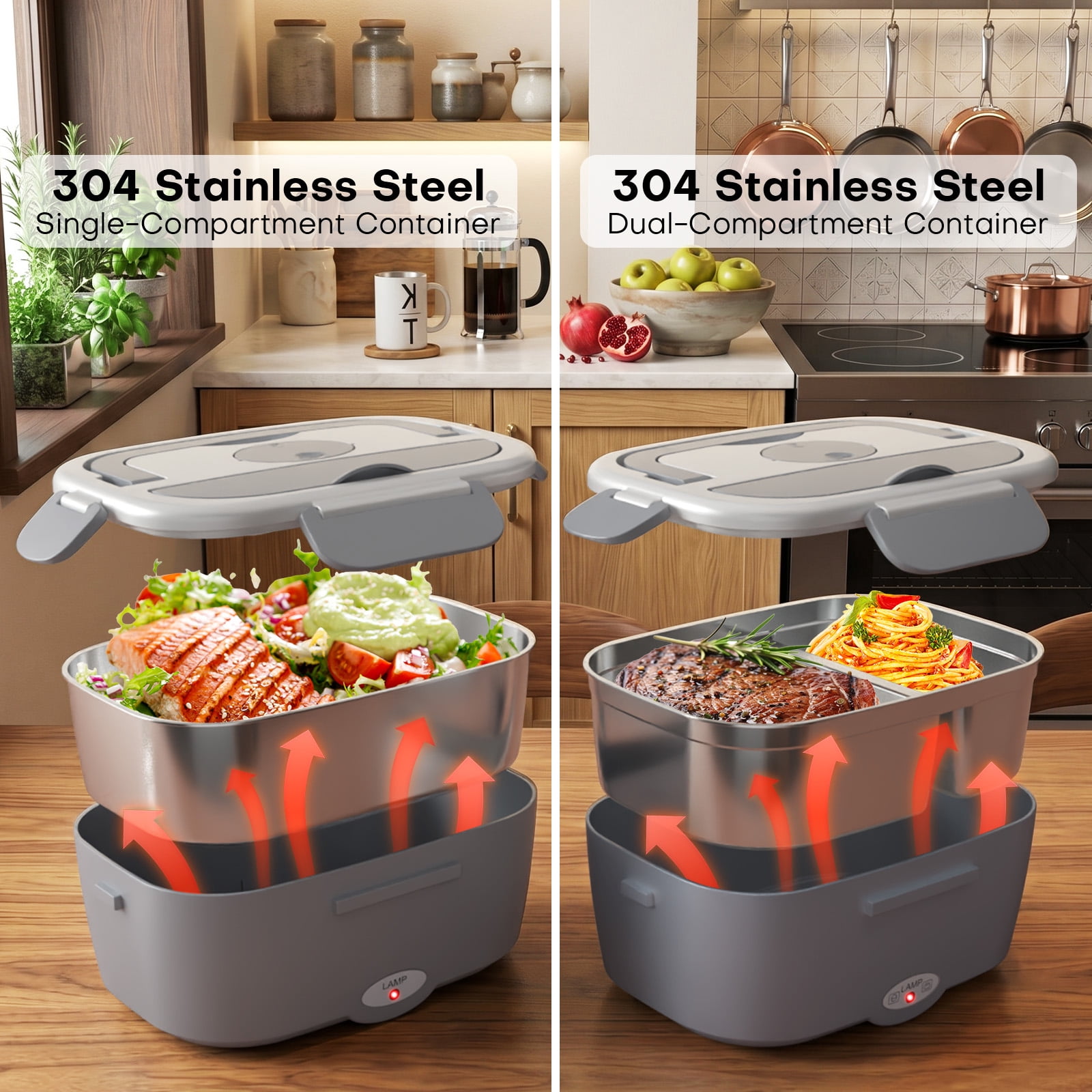 Sitlais Electric Lunch Box Food Heater for Work - 12V/24V/110-220V Food Warmer for Car Truck Outdoor with 2 Packs Stainless Steel Containers Potable Heating lunch Box for Adults Camping(grey)