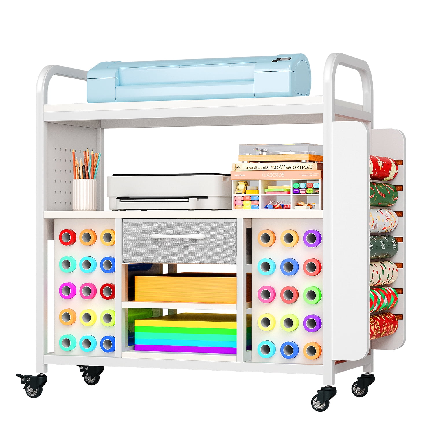 Craft Storage Organizer Cart with Wheels, Rolling Craft Table Workstation Compatible with Cricut Machine, Vinyl Roll Holder & Hooks Up, All-in-One Crafting Cabinet Cutting Stand for Supplies, Tools