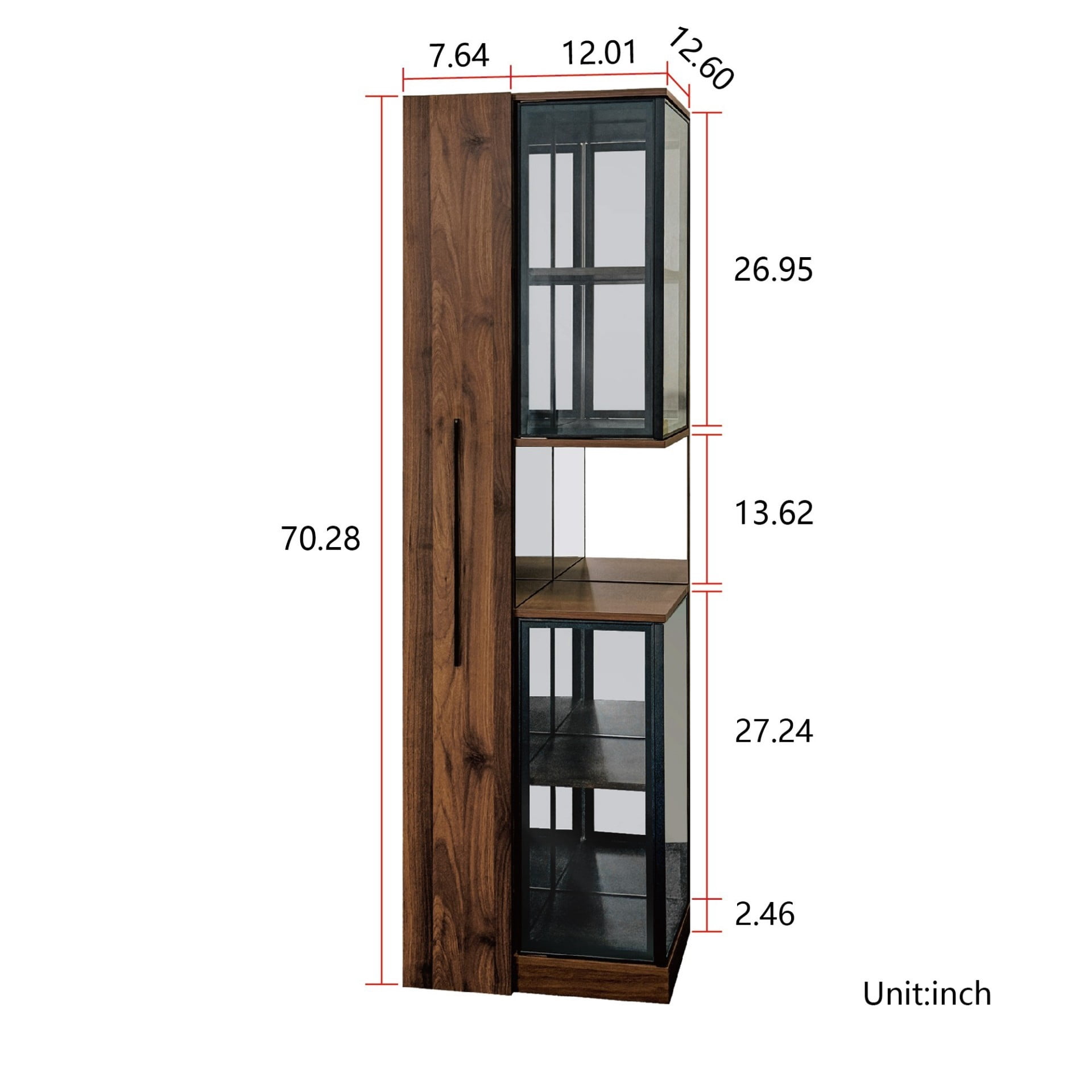 70" Display Cabinet with Glass Doors and LED Lights, 5 Tier Curio Cabinet with Pull Out Shelves, Wooden Storage Bookcase for Living Room Dining Room, Walnut