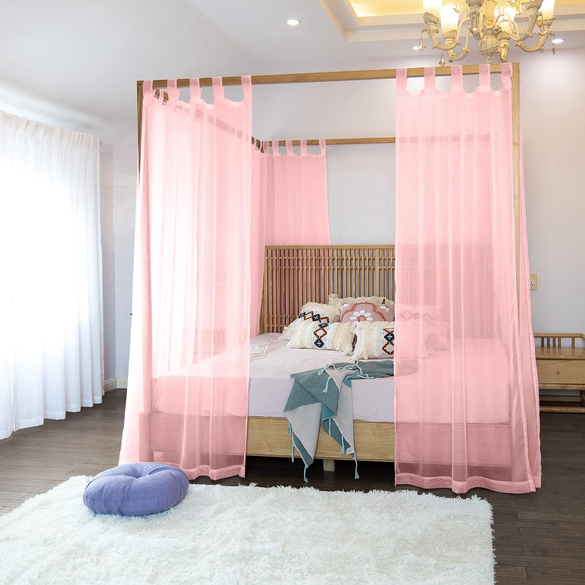 Sheer Bed Curtains For King  Queen Full And 4 Corner Canopies & Drapes Four Poster Beds Pink