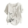 thumbnail image 2 of Fashion Womens Tops Retro Bamboo Print Casual Loose Cotton Linen Short Sleeve Pullover T Shirt White, 2 of 3