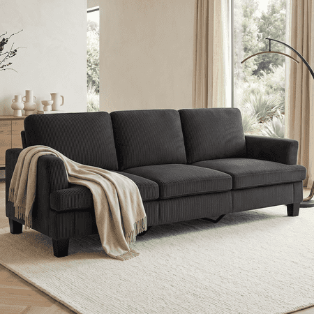 3 Seater Sofa, 84"W Corduroy Sofa with Extra Deep Seats, Classic Modern Couch for Living Room, Dark Gray