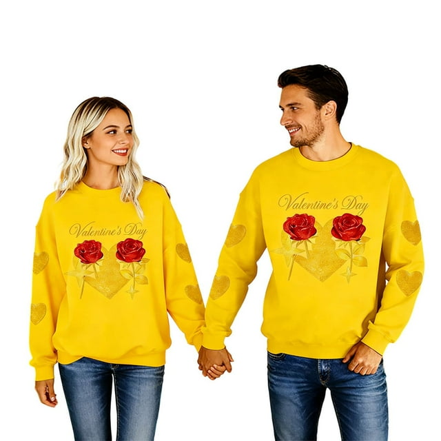Chandails pour Couple, Tenues Assorties à Imprimé de Cœur Rose, Hauts Décontractés et Tendance à Col Rond à Manches Longues pour la Saint-Valentin, Tenue d'Hiver et de Printemps