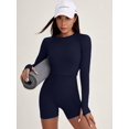 thumbnail image 2 of Women Workout Sets 2 Pieces Long Sleeve Yoga Outfits Gym Clothes Seamless Ribbed Crop Top High Waist Leggings Navy blue S, 2 of 5