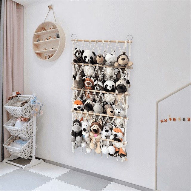 Organisateur Mural pour Peluches Filet Hamac Rangement Jouets en Peluche Boho Macramé, Noir
