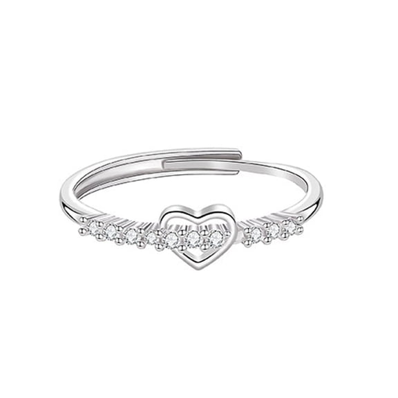 Silver-tone Heart Zircon Adjustable Open Ring for Women - Sweet Hollow Heart-Shaped Design Dainty Cubic Zirconia Jewelry Gift for Her, Anniversary, Valentine's Day