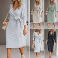 thumbnail image 2 of Women Spring Fall Dress Cross V Neck Lace-up Slim Fit Sheath Long Sleeves Knee Length Knitted Slim Fit Elastic Midi Dress Shopping Dating Dress, 2 of 7