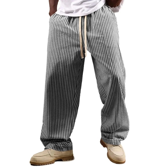Kakii Men's Striped Wide Leg Pants Drawstring Elastic Waist Casual Loose Fit Trousers