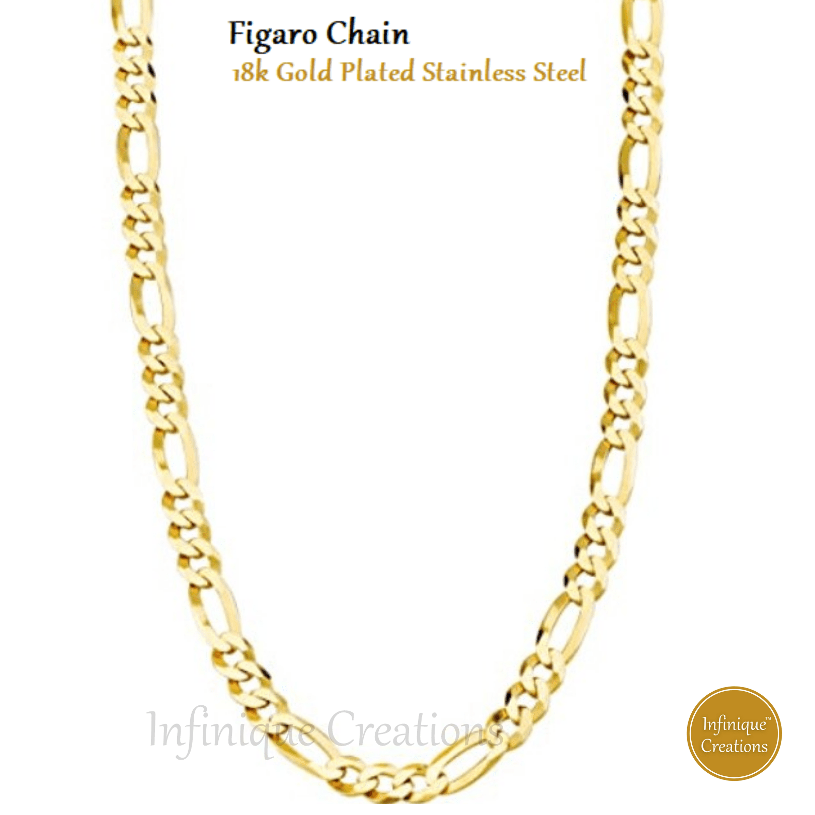 Infinique Creations - 18K Gold Plated Stainless Steel Figaro Chain Bracelet Necklace 7-38" 3-12mm