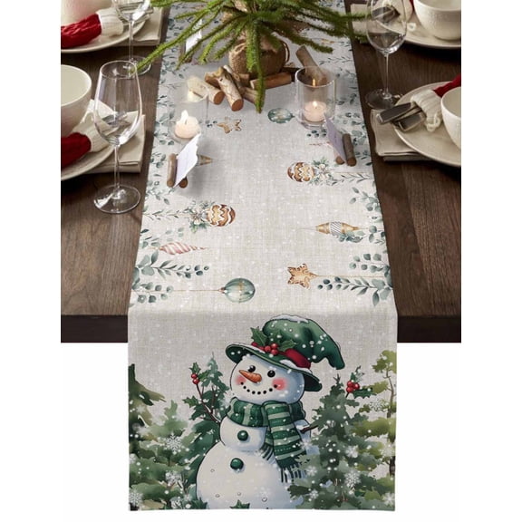 ERUNPONLY Green Snowman Christmas Table Runner - 36 Inch Long Eucalyptus Xmas Tree Balls Rustic Cotton and Linen Blended Dress Scarves Farmhouse Table Runner for Kitchen Dining, Coffee Table, 13"x36"