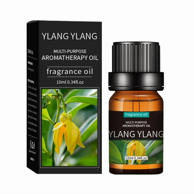 ZOUBAOQ 20 Flavors Essential Oils for Aroma Diffuser, featuring a 10ml ylang-ylang fragrance oil bottle with ergonomic design and compact size. The bottle is displayed alongside black packaging with a ylang-ylang flower image and product details. Perfect for aromatherapy, massage, and relaxation, enhancing comfort and well-being.