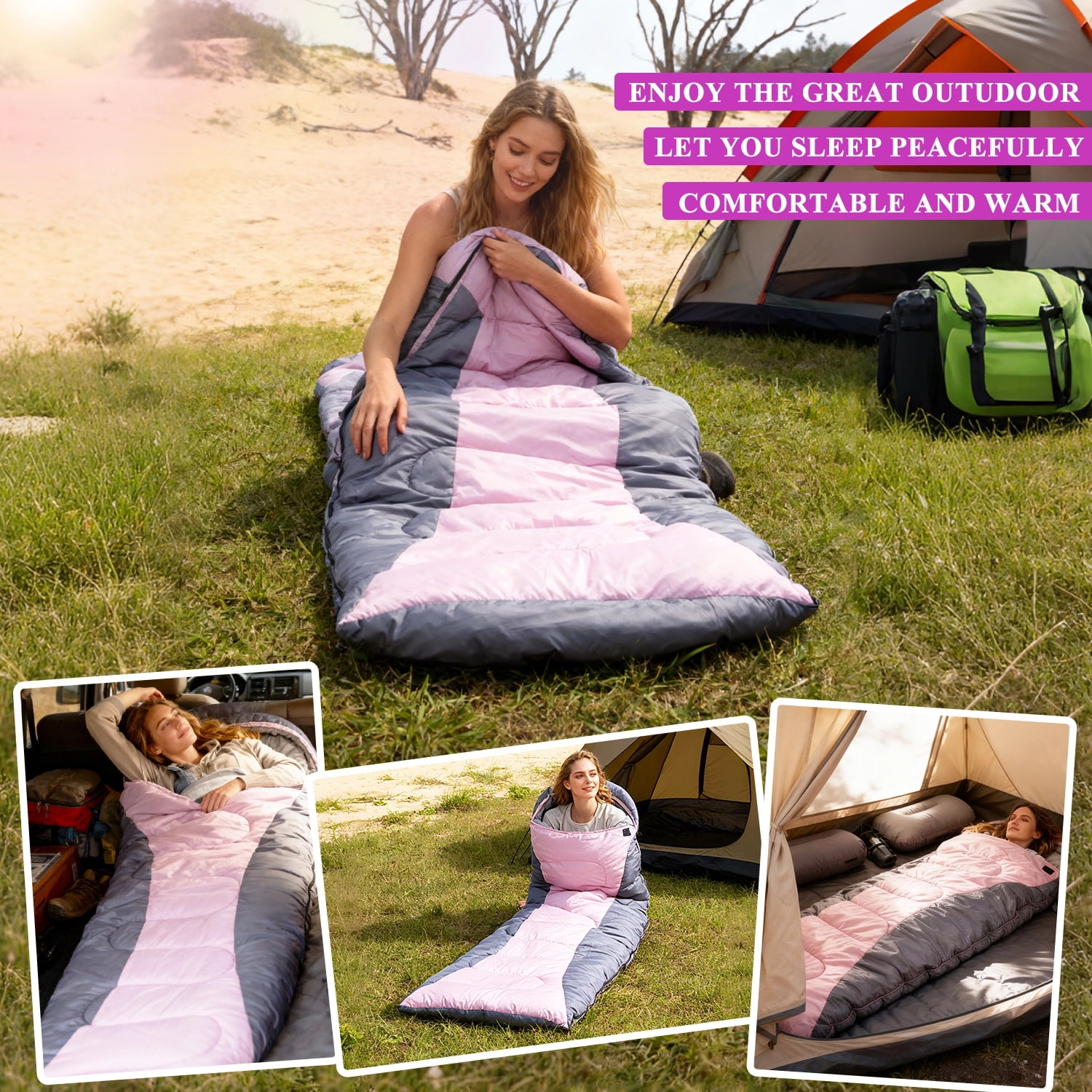 Teblint Camping Sleeping Bag for Adults Kids, 4-Season Cold Weather Sleeping Bag, Waterproof & Compression Sack Included, Camping Essentials Gear Accessories Hiking Sleep Must Haves (Pink)
